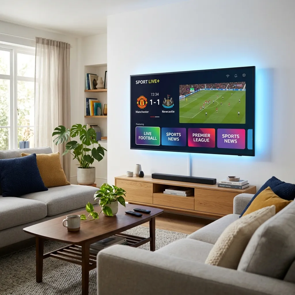 British living room with a smart TV showing a live sports match through an IPTV app