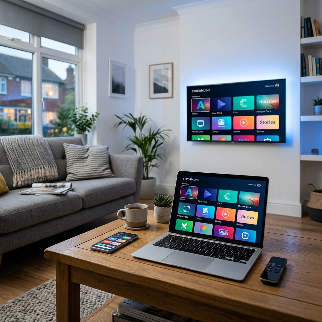 Row of devices including a Fire TV Stick, smartphone and laptop all displaying the same IPTV app interface