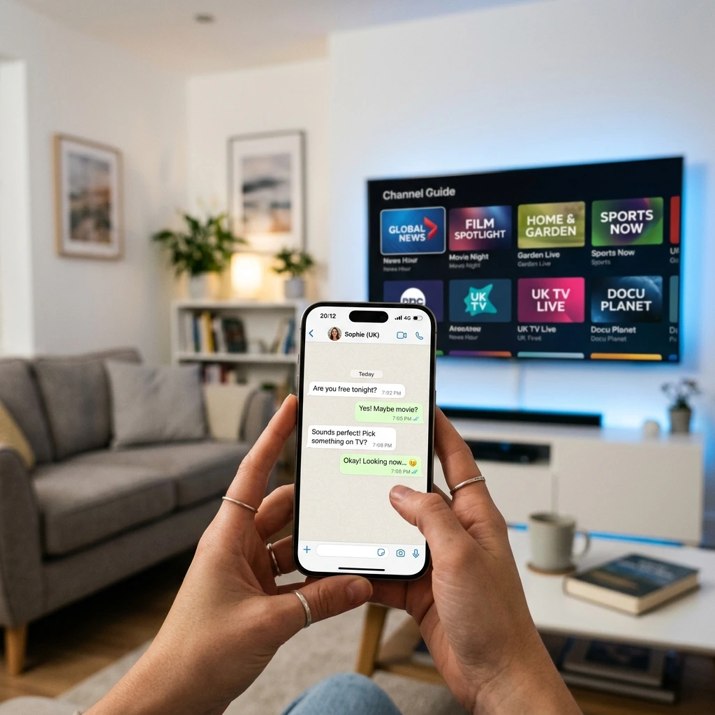 Smartphone showing a WhatsApp chat activating a free IPTV trial, with a smart TV visible in the background